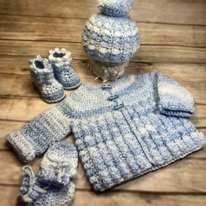 Crocheted Puff Stitch Jacket Sets.